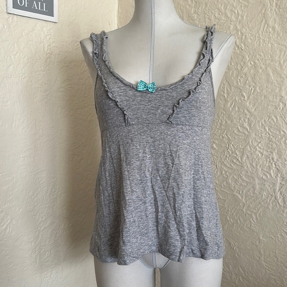 Juicy Couture Light Heather Gray Ruffle Blue Gingham Bow Coquette Tank Top S